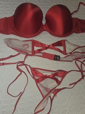 Victoria's Secret Red Satin & Mesh Lingerie Set